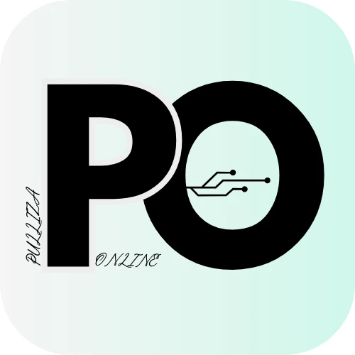 Bold PO logo with circuitry motif inside the O; 'ONLINE' script along the left edge on a pale gradient square background.