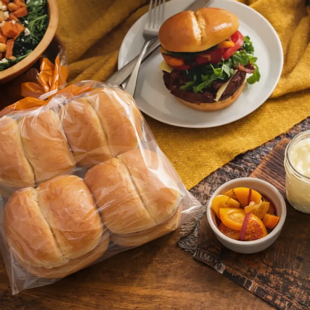 Six hamburger buns in a plastic bag on a wooden table with a plated assembled burger, a bowl of peach slivers, and a jar of sauce nearby for a casual meal setup