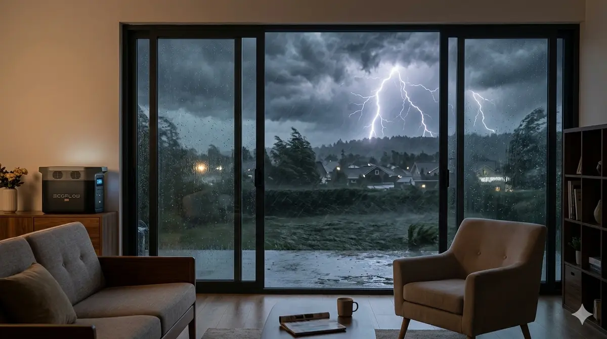 Living room with large glass doors showing a thunderstorm outside, lightning illuminating a rainy suburb outside the window.