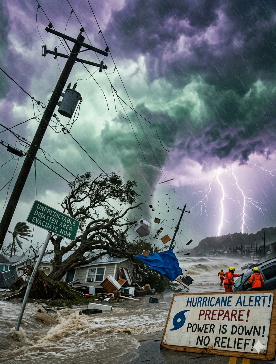 Downed power pole, flooded street, and debris as workers in orange gear confront a hurricane storm with lightning in the sky.