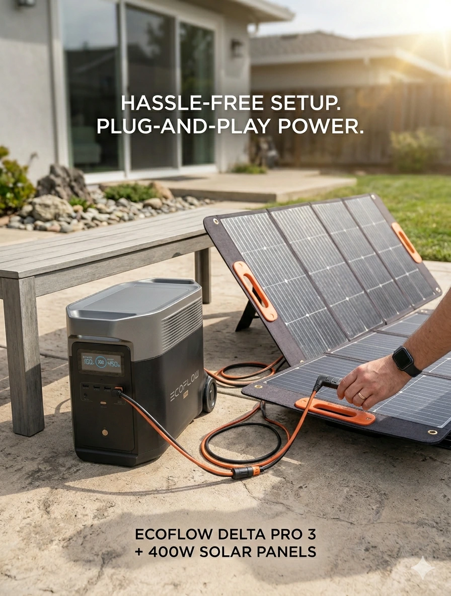 Portable solar power setup: Delta Pro power station connected to a fold-out solar panel in a backyard, with orange cables visible.