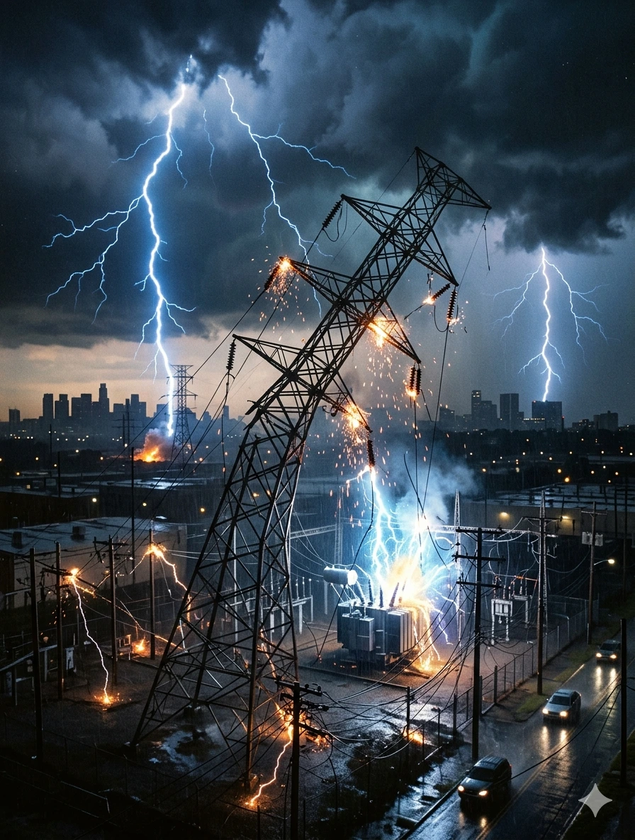 Lightning strikes a high-voltage power substation at night during a fierce thunderstorm near a city skyline.