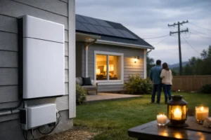 Couple standing in a backyard near a house with solar panels on the roof and warm interior lights showing through a window at dusk.