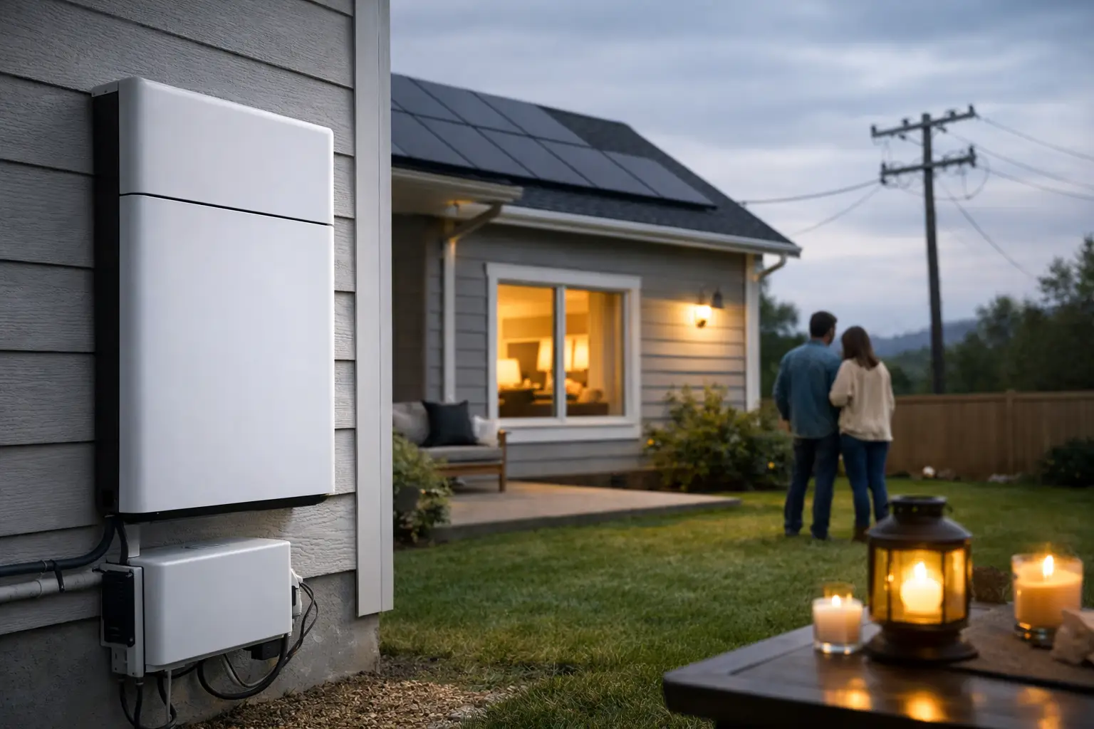 Couple standing in a backyard near a house with solar panels on the roof and warm interior lights showing through a window at dusk.