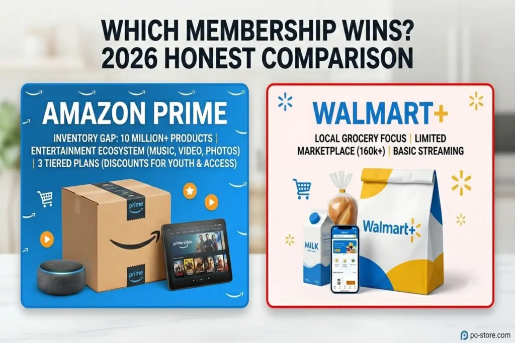 Side-by-side comparison of Amazon Prime (left) and Walmart+ (right) memberships, with Prime box and tablet on blue panel and grocery items on white panel.