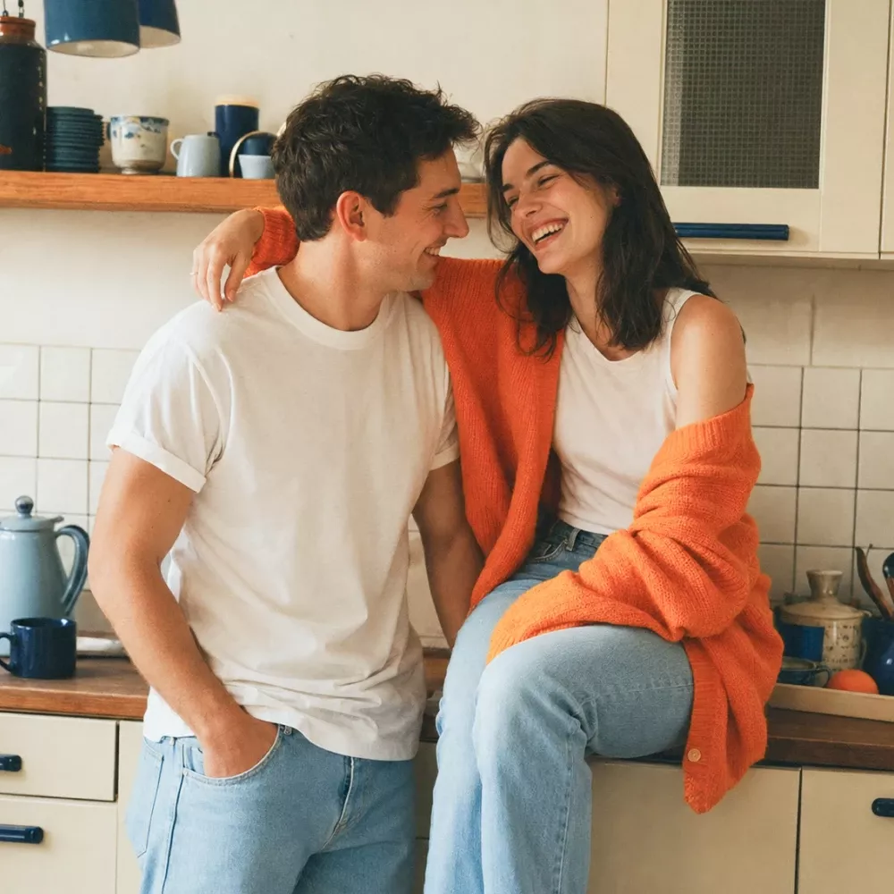 Couple enjoying a playful moment in a bright kitchen, the woman in an orange cardigan sits on the counter while the man stands beside her, smiling at each other.