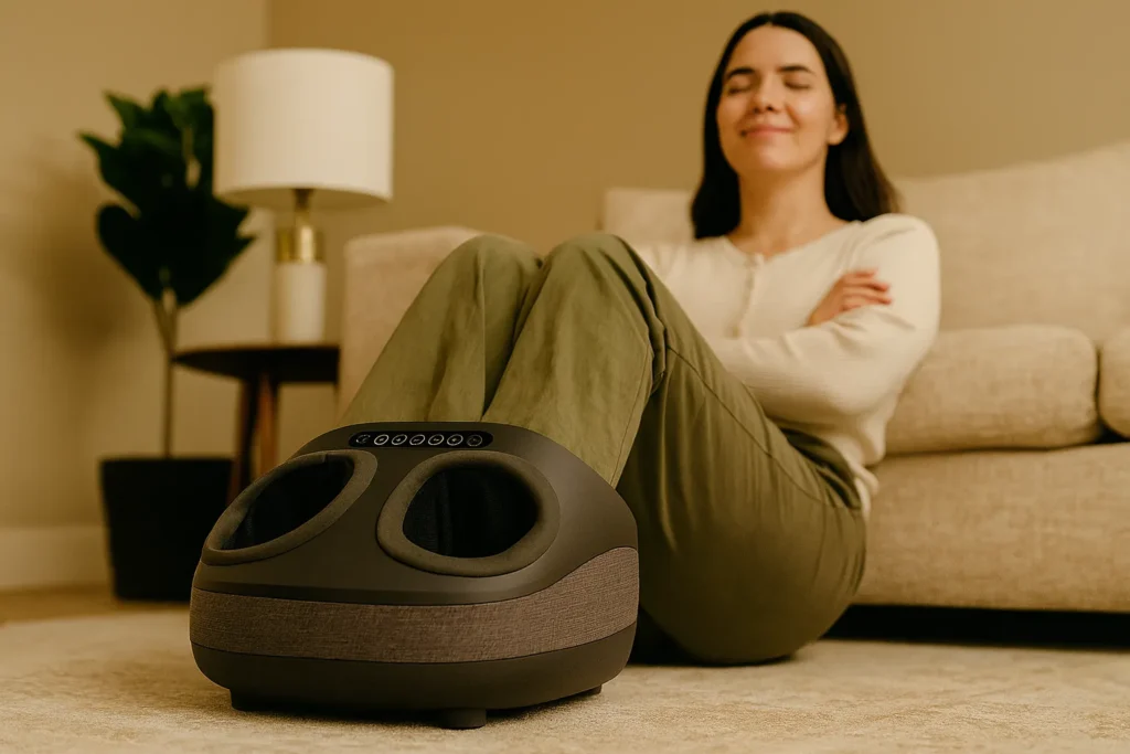 Woman using a RENPHO full foot massager machine for pain relief at home