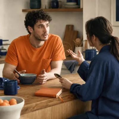 Two people sit at a wooden kitchen island, chatting; one in an orange shirt with a bowl, the other gesturing while speaking, with a notebook and utensils on the counter nearby.