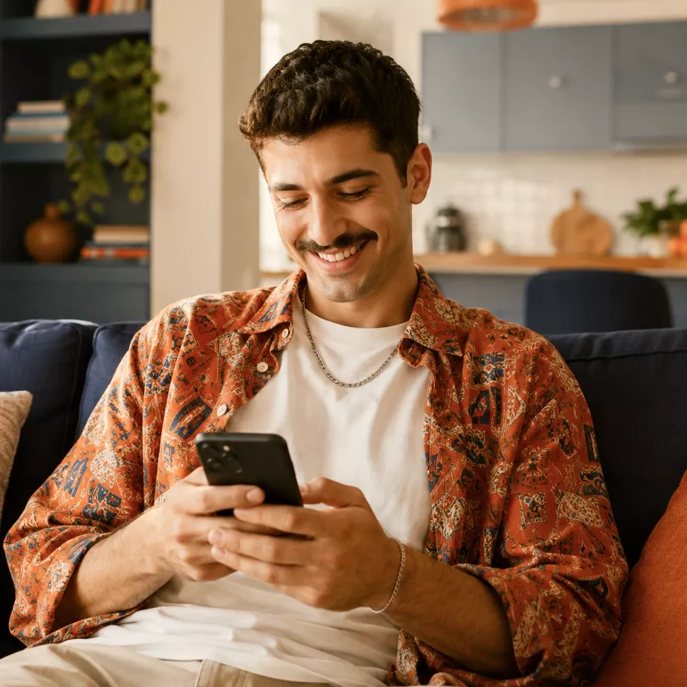 Man with a mustache sits on a dark blue sofa at home, smiling while looking at a smartphone in his hands, wearing an orange patterned shirt and a white tee]