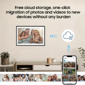 Promotional banner: framed family photo on wall with a cloud storage icon, advertising free cloud storage and one-click migration to new devices.