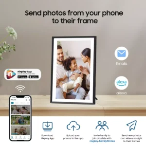 Promo: Demonstrates sending photos from phone to a digital photo frame with family picture on display, highlighting connected apps (Emails, Alexa) and Nixplay app download options.