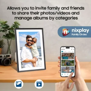 Framed family photo on a desk beside a smartphone displaying a photo album app and the Nixplay Family Circles logo, with plants in the background.