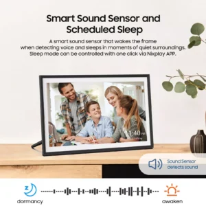 Banner advertising Smart Sound Sensor and Scheduled Sleep with a framed family photo on a desk.