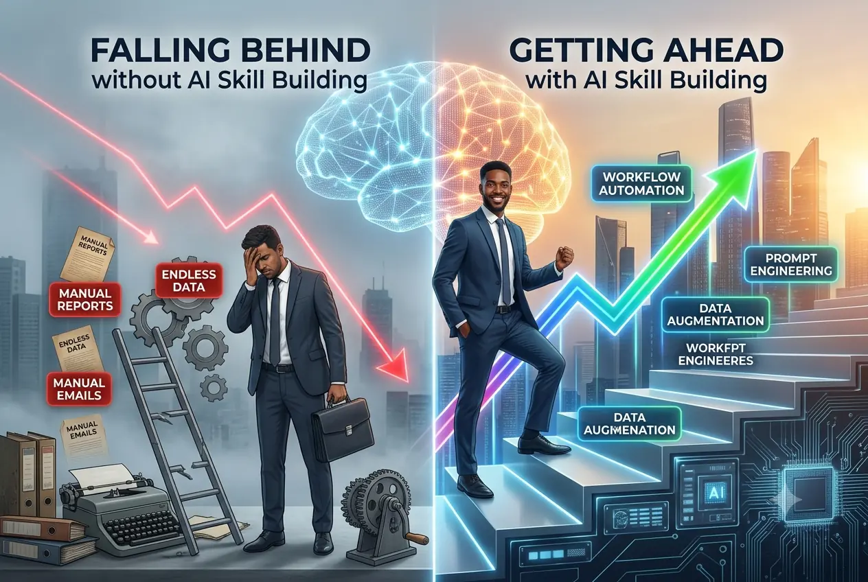 Split-image showing a contrast: left side depicts a stressed professional surrounded by manual data and emails, implying falling behind without AI skill building; right side shows a confident professional using AI tools for automation and data augmentation to get ahead. Key labels include workflow automation, prompt engineering, and data augmentation as indicators of AI-driven growth.