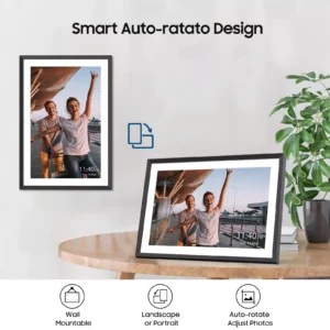 Framed photos on a table against a light wall, people smiling outdoors; text 'Smart Auto-rotate Design' at top, with a plant on the right.