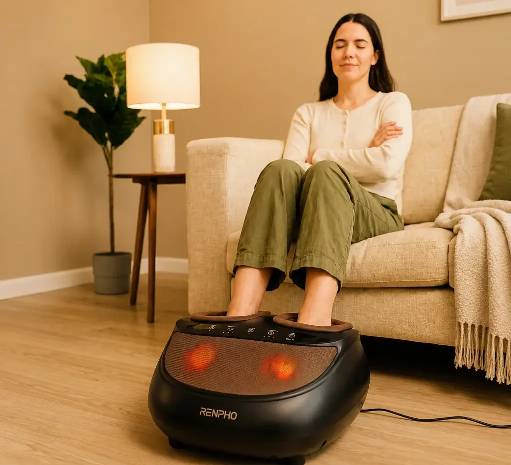 Woman using a RENPHO full foot massager machine for pain relief at home