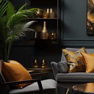 Dark living room with gold vases on an open shelf, a tall plant, and orange cushions.