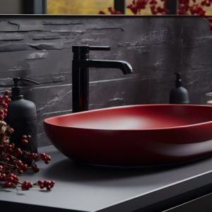 Red oval basin sink with a black faucet on a gray counter, dark stone backsplash, and red berry decor nearby.