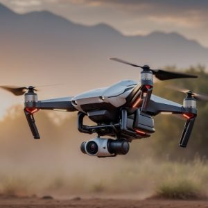 Drone with a mounted camera hovering low over a dusty field at sunset, mountains in the distance (professional filming setup).