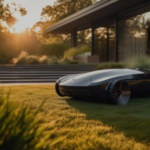 Sleek black futuristic car parked on a manicured lawn in front of a modern glass-walled building at sunset.
