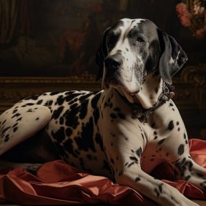 Dalmatian lounging on red satin drape in an ornate, flower-decorated room at rest.